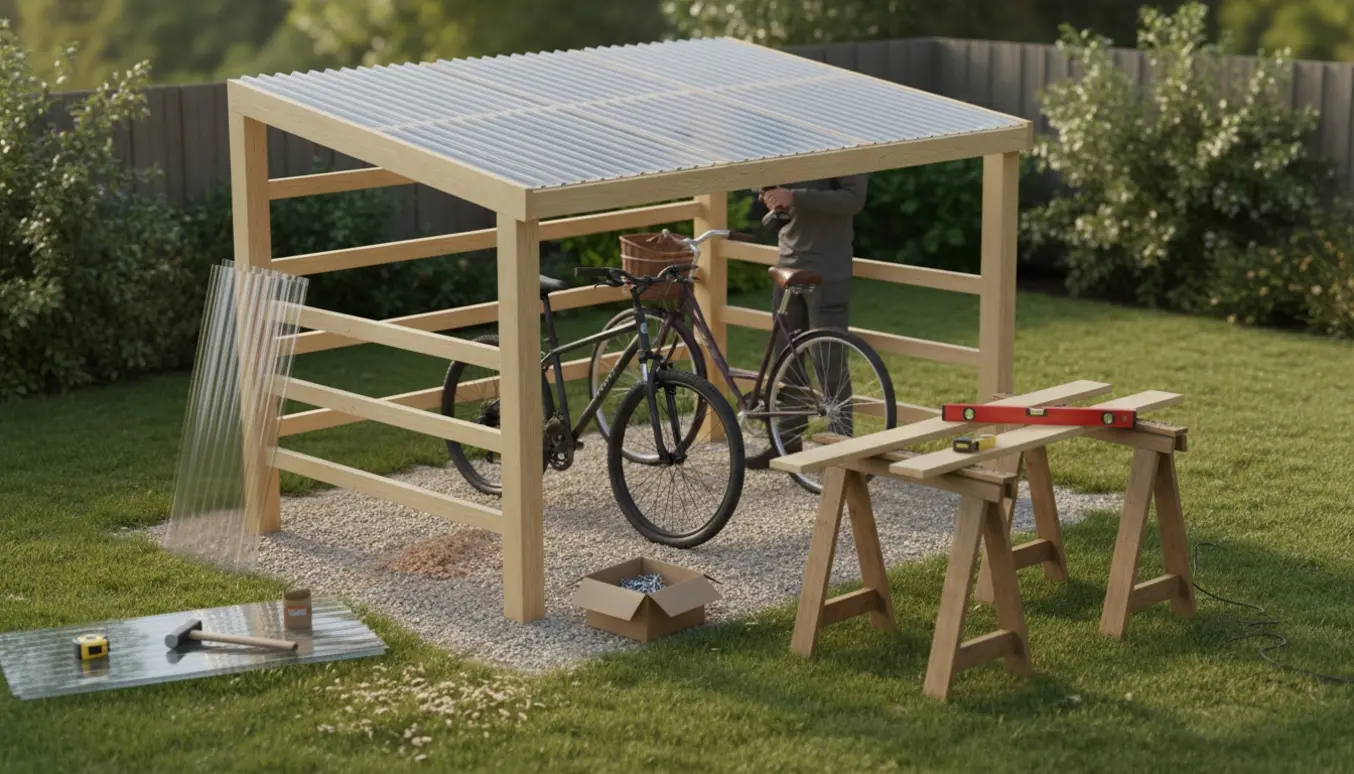 Fritstående træcykelskur under opførelse med plastiktagplader og værktøj i baghaven.