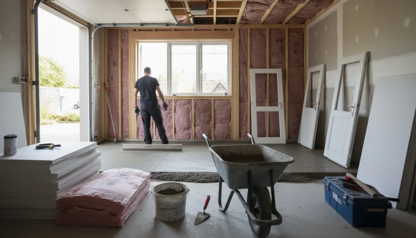 Indre garage under ombygning til anneks med ny væg, isolering, gulvstøbning og vindues- og dørinstallation.