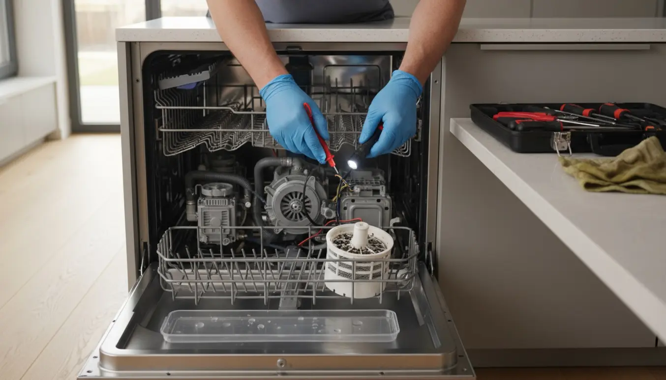 Tekniker med handsker undersøger en åben opvaskemaskine med multimeter og værktøj i et lyst køkken.