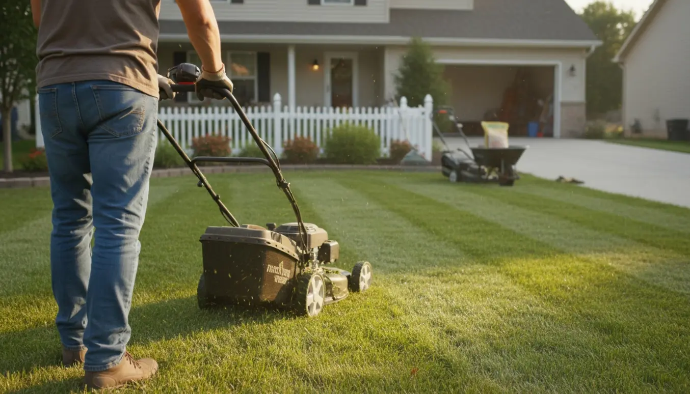 Person slår græs foran et hus med en plæneklipper, kun hænder og ryg synlige.
