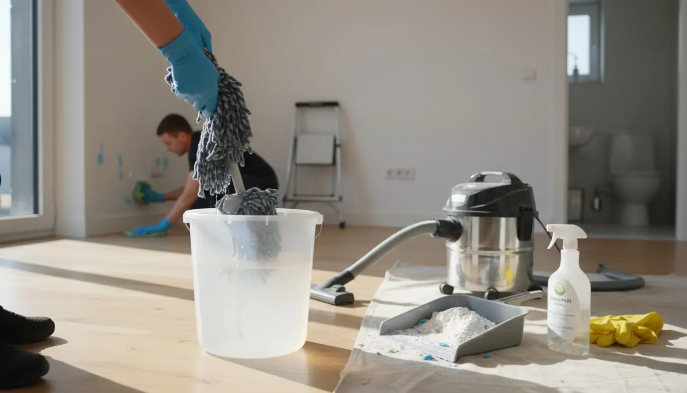 Rengøringsredskaber og handsker i brug til oprydning efter håndværker i en solbelyst lejlighed.