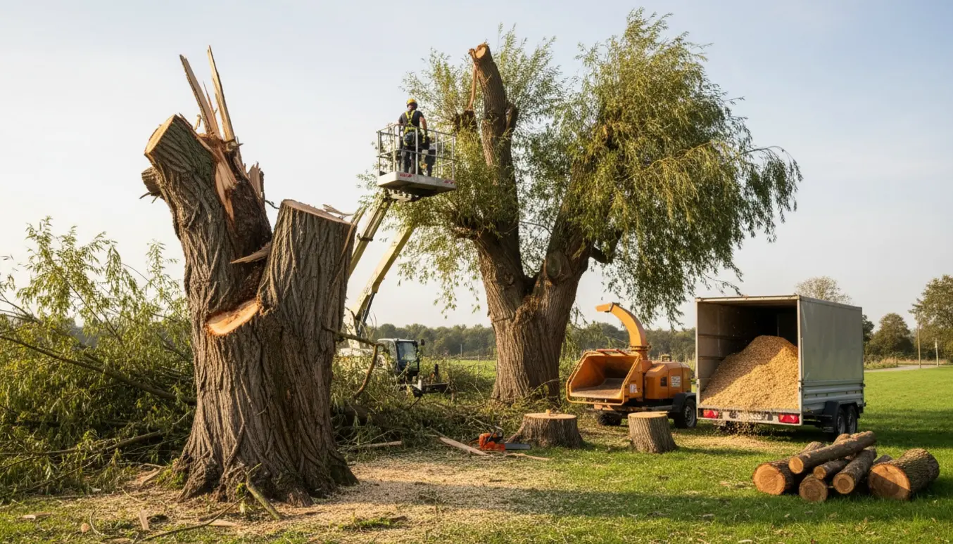 Stormknækket piletræ med fældeudstyr, afsavede stammer og flis klar til bortkørsel.