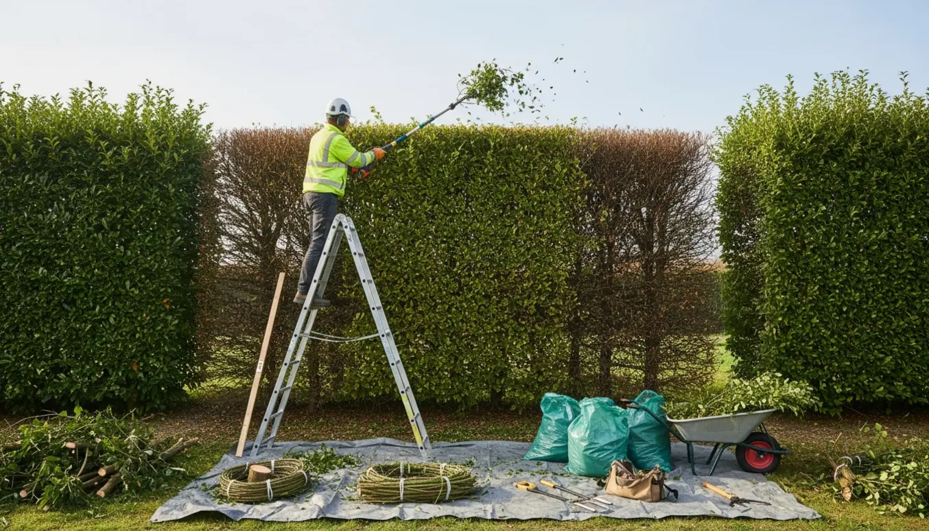 Håndværker på stige saver toppen af en høj hæk, med afklip samlet klar til bortskaffelse.