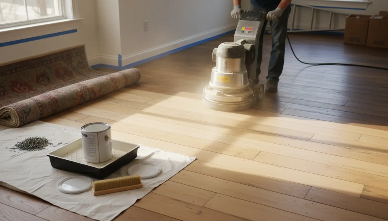 Rullede tæppe er fjernet og et trægulv bliver slebet med en gulvsliber, klar til hvid lak.