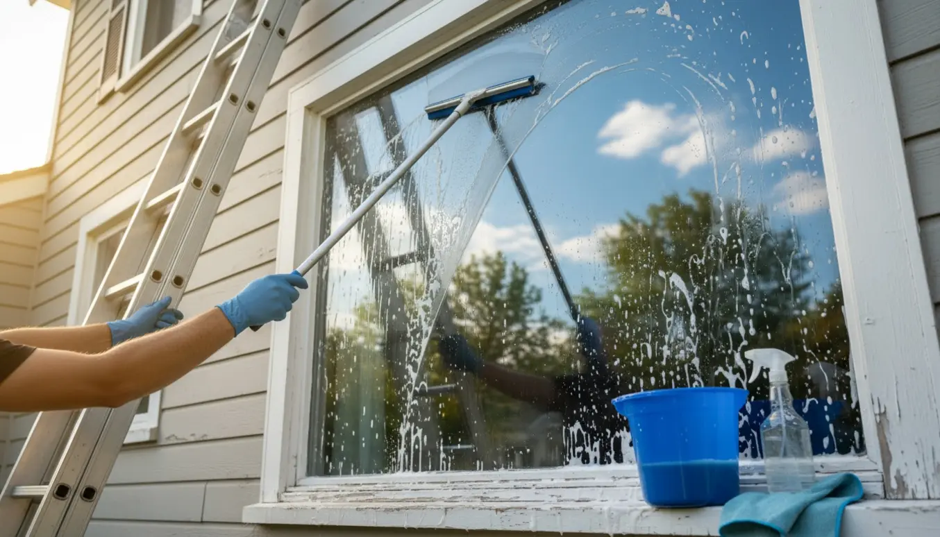 Udendørs vinduespudsning med svaber, spand og glasklar refleksion i det bløde morgenlys.