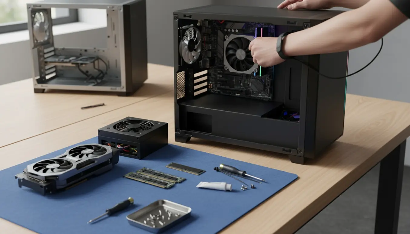 Hænder installerer et bundkort i et nyt pc-kabinet på et ryddeligt arbejdsbord.