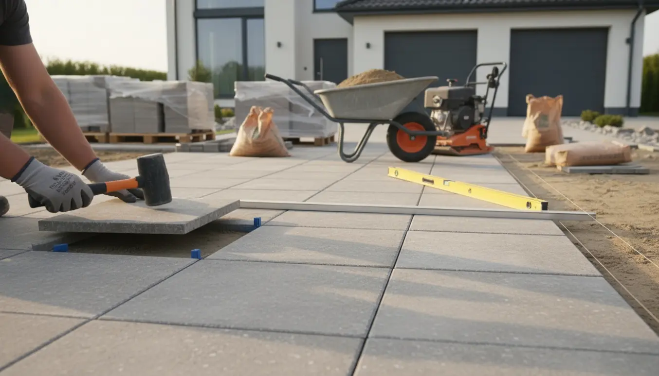 Nylagt indkørsel og fliseområde med store 60x60 cm fliser, værktøj og hænder der justerer en flise.