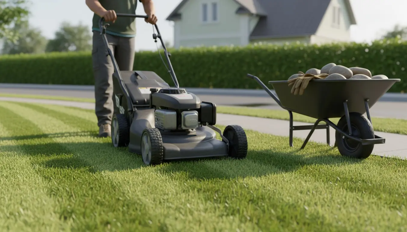Person slår græsset med plæneklipper, mens ti små sten ligger i en trillebør ved vejkanten.