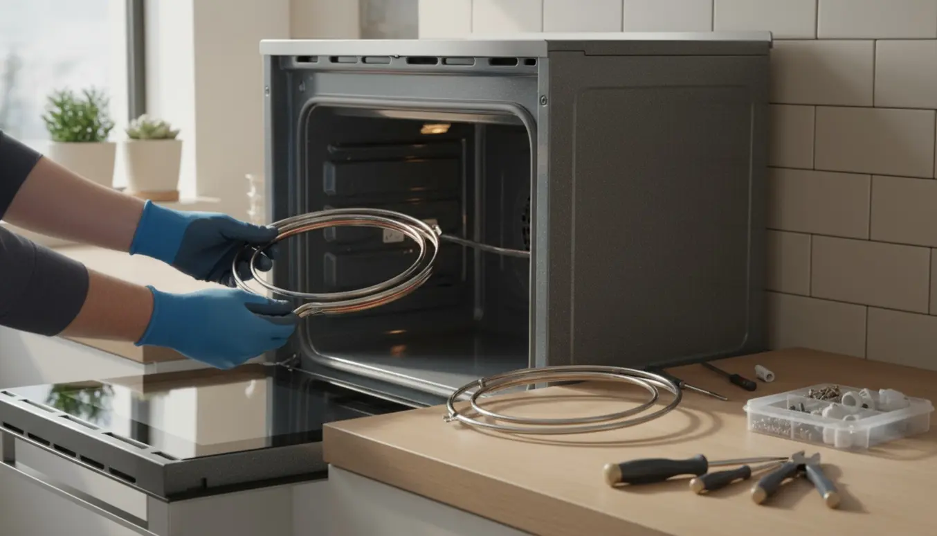 Hænder udskifter varmelegemet i en moderne ovn med nyt varmeelement og værktøj på køkkenbordet.