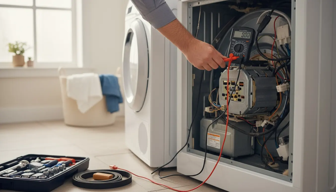 En tekniker tester en tørretumbler med multimeter foran åbent bagpanel i et lyst vaskerum.
