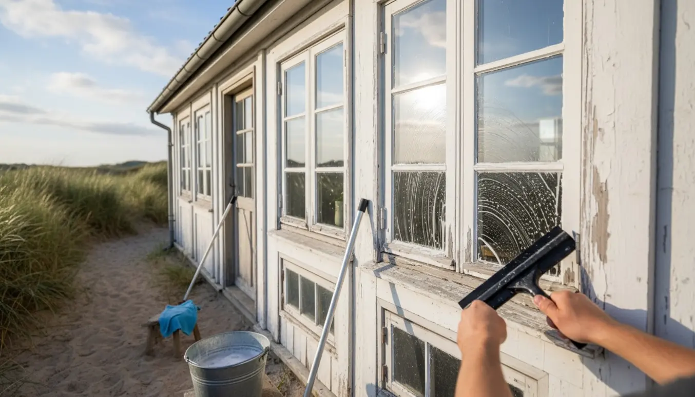 Udsiden af et Fanø-hus med sprossede vinduer, hvor en person pudser udvendigt med skraber og spand.
