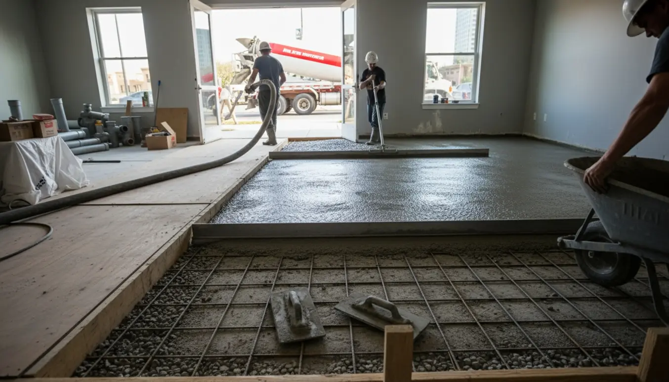 Indendørs billed af støbearbejde i stueetage med beton pumpet ind og udjævnet på et stort gulvareal.