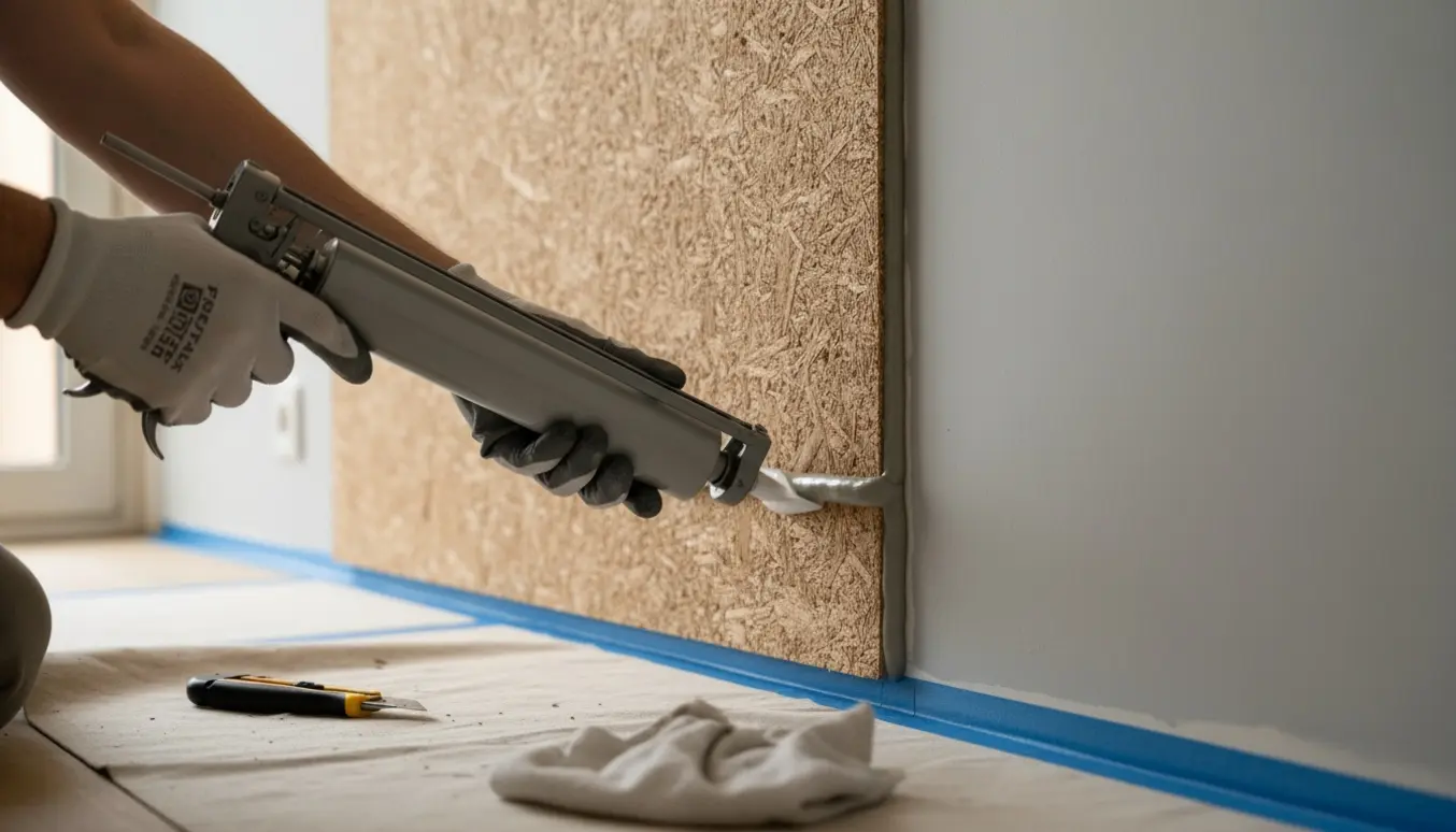 Hænder i handsker påfører MS-polymer fuge langs samlingen mellem troldtekt-panel og væg med fugepistol og glatteværktøj.