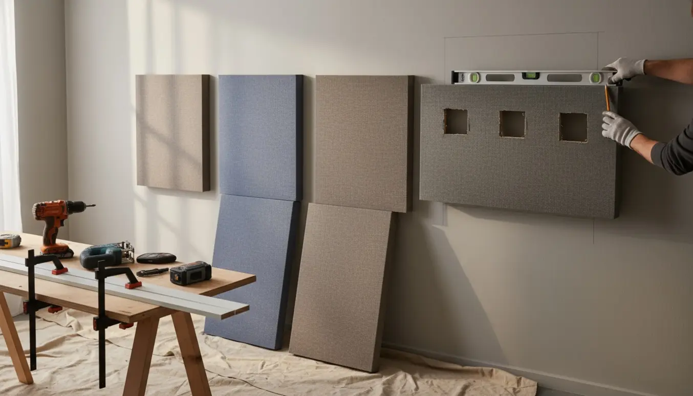 Hænder monterer akustikpaneler med værktøj og udskæringer til to stikkontakter og et lampeudtag.
