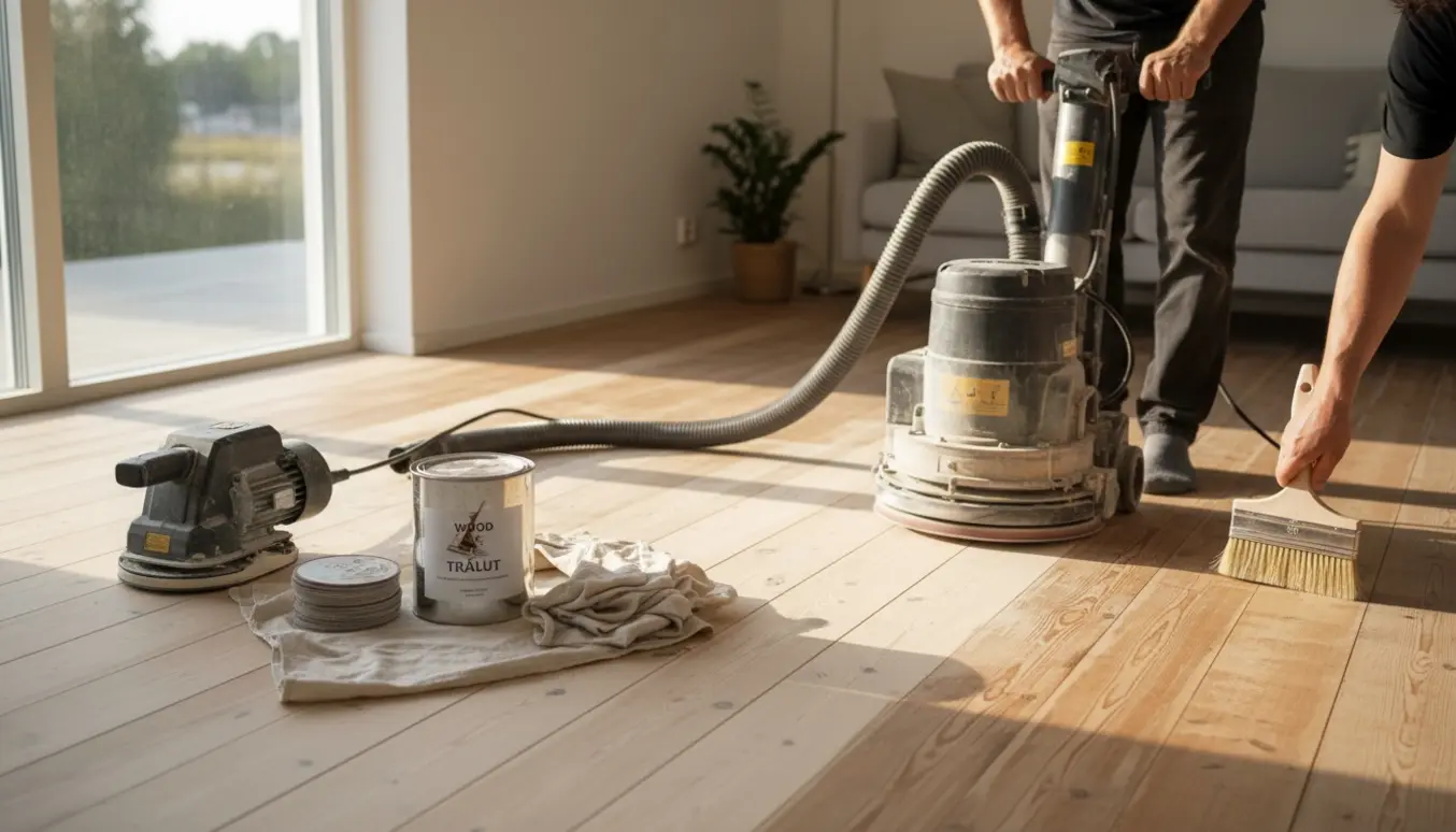Nærbillede af slibning og ludbehandling af et fyrretræsgulv med slibemaskine, pensel og klud.