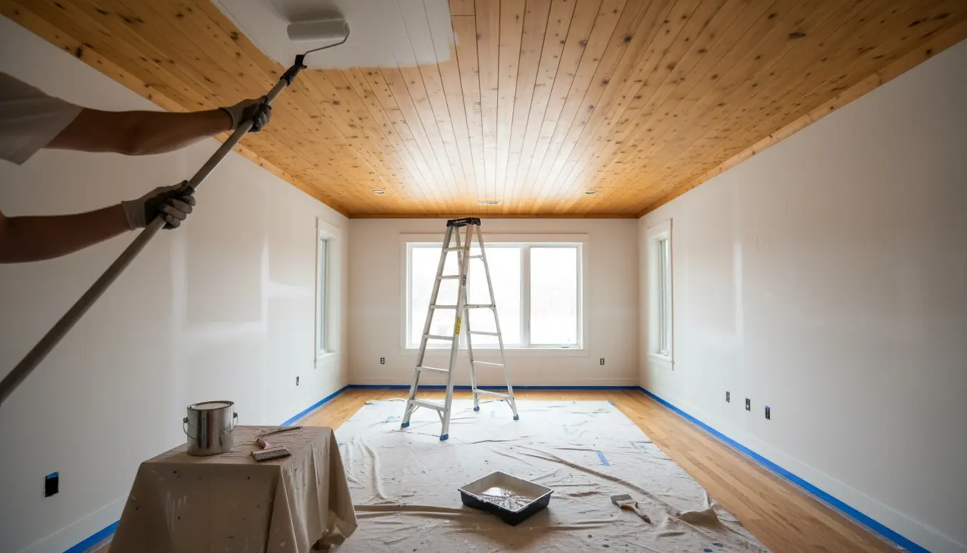 Et træloft i en stue bliver hvidpigmenteret med afdækning og malerværktøj omkring.