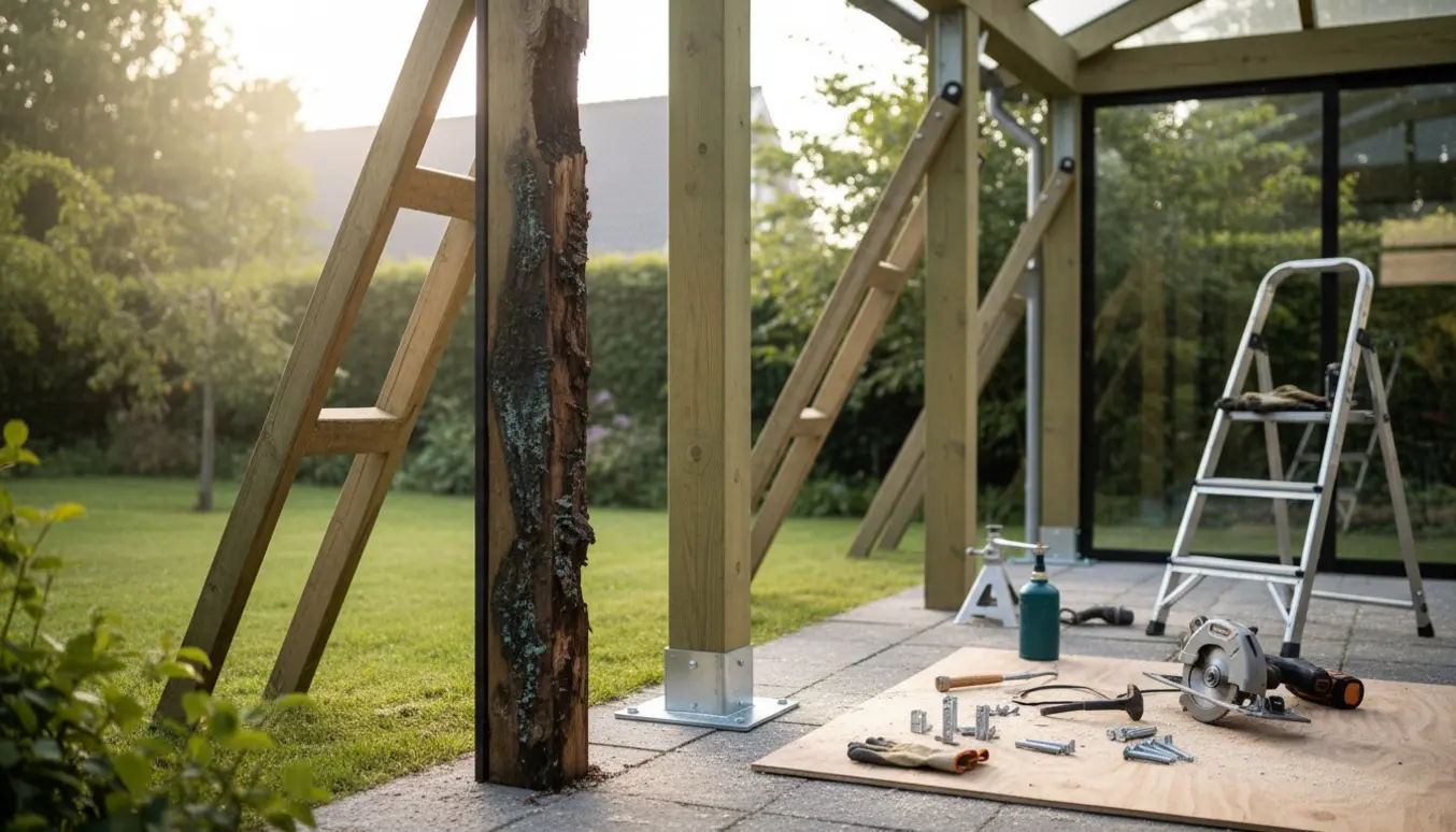 Udestuehjørne med to rådne stolper, midlertidige støttebrædder og en ny trykimprægneret stolpe klar til montering.