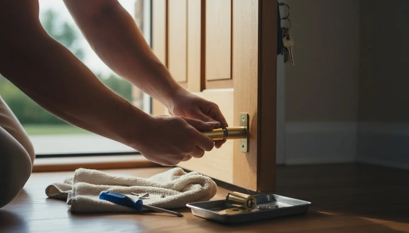 Hænder skifter dørlås på en hoveddør med skruetrækker og ny låsecylinder.