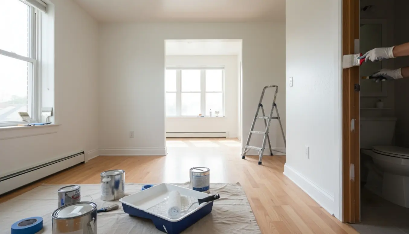 Umøbleret lejlighed med nymalede hvide vægge og maleredskaber i dagslys.