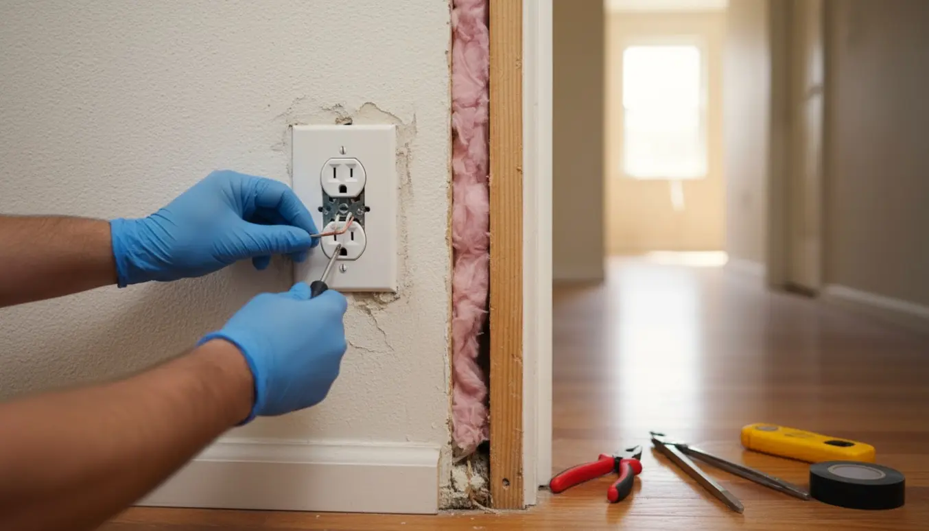 Nærbillede af hænder der monterer en stikkontakt i gangens væg med værktøj og åbent el-udtag på den anden side af væggen.