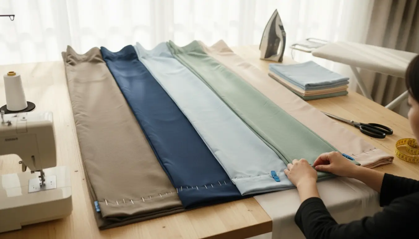 Sybord med tre mørklægnings- og fire bomuldsgardiner, nåle og symaskine klar til oplægning.