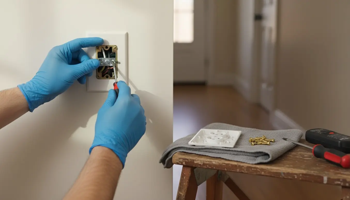 Nærbillede af hænder, der skruer en løs stikkontakt fast i en væg med værktøj ved siden af.