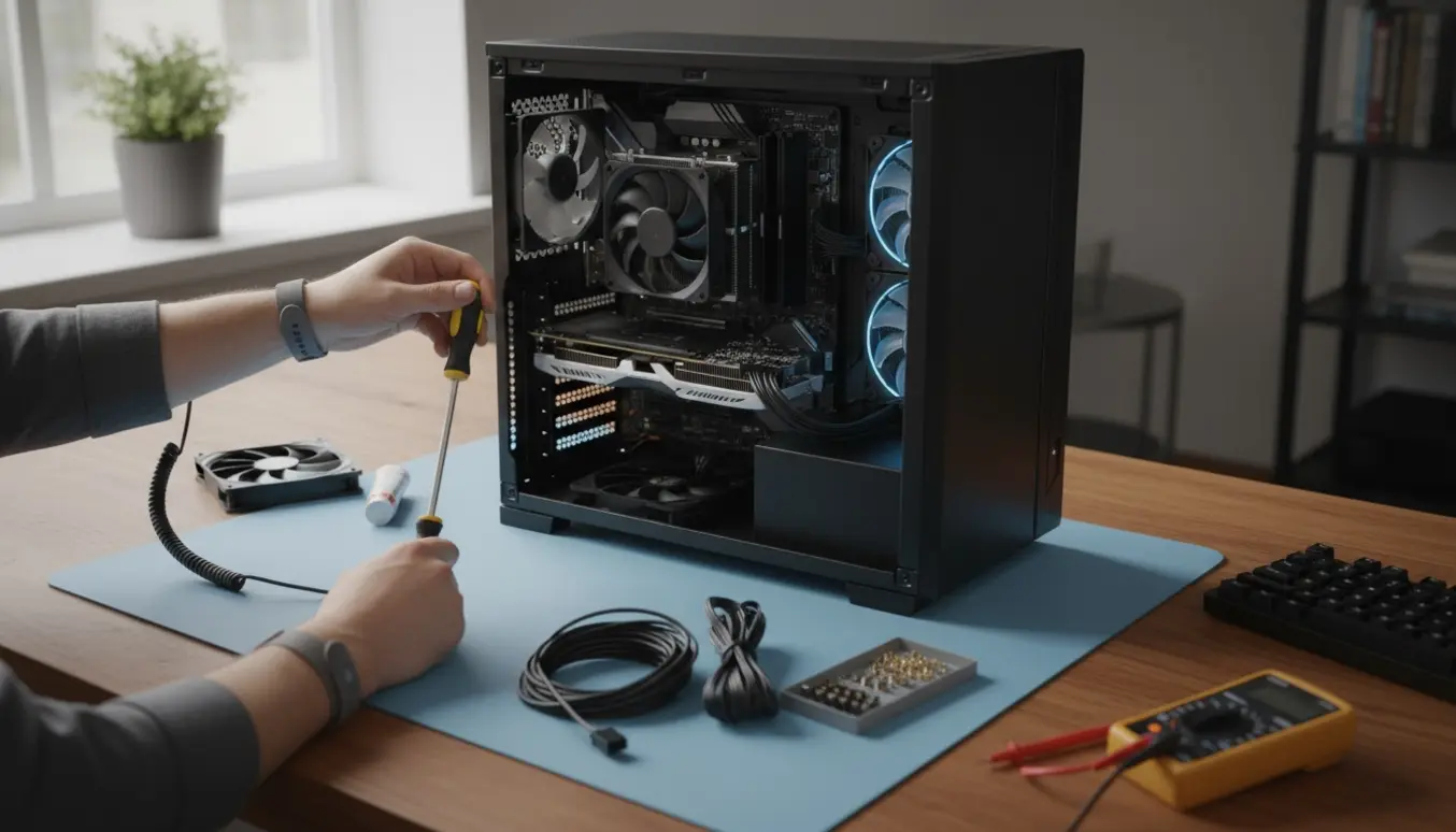 Åben pc-kasse på et skrivebord med hænder, der monterer komponenter og tester strømmen.