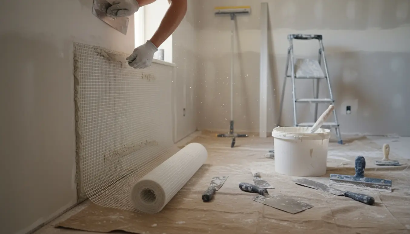 Hænder der spartler og sætter væv på en væg i et lille rum med værktøj og spartelmasse på gulvet.