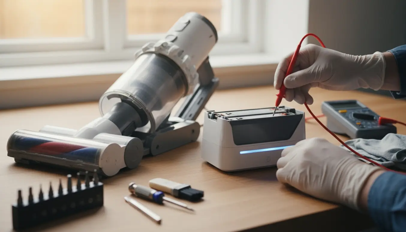Nærbillede af en ledningsfri støvsuger med afmonteret batteri på en oplader og multimeter og værktøj til fejlsøgning.