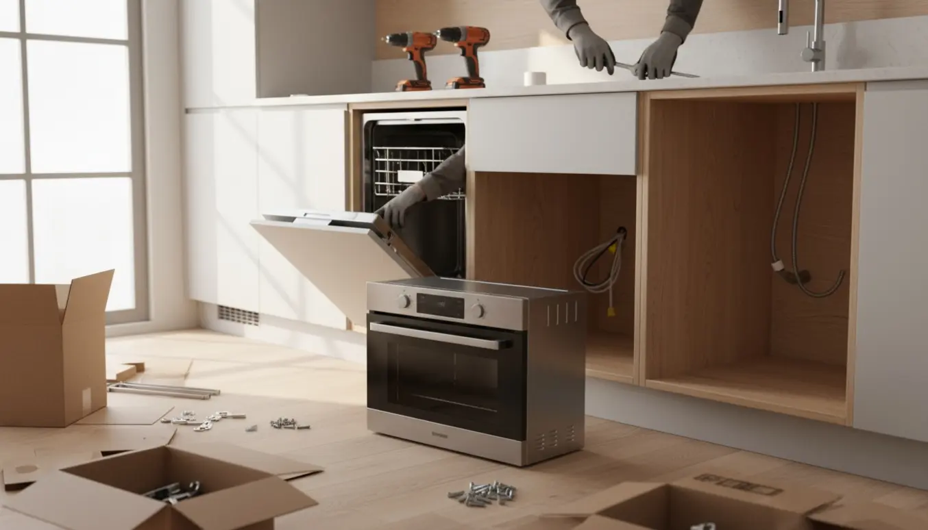 Hænder monterer et moderne Ikea-køkken med opvaskemaskine, vandtilslutning og indbygningsovn.