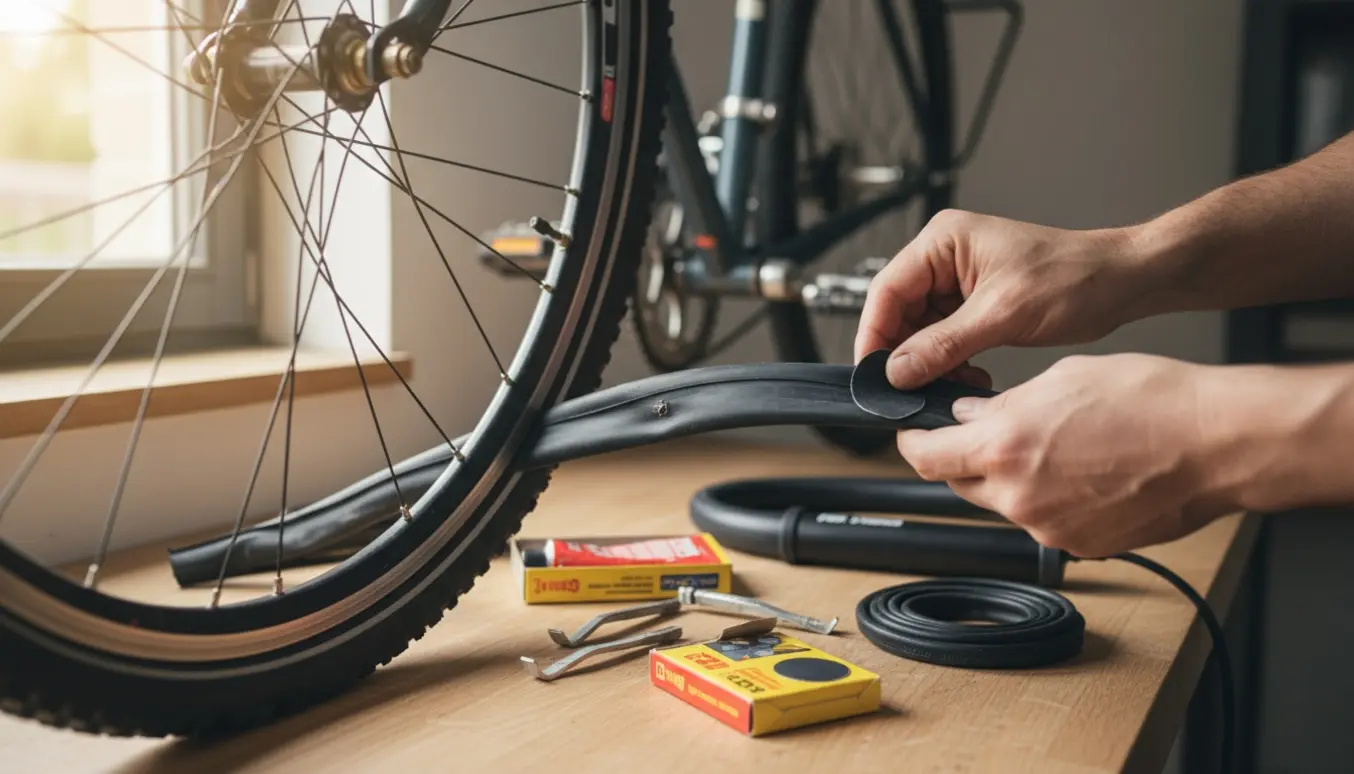 Nærbillede af hænder, der lapper en cykelslange på et ryddeligt cykelværksted.