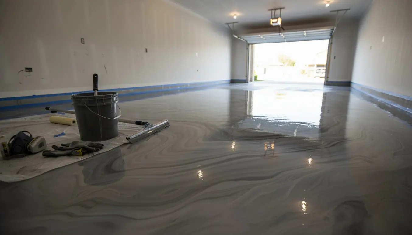 Skinnende epoxygulv i garage med metallisk grå marbling og værktøj placeret til siden.