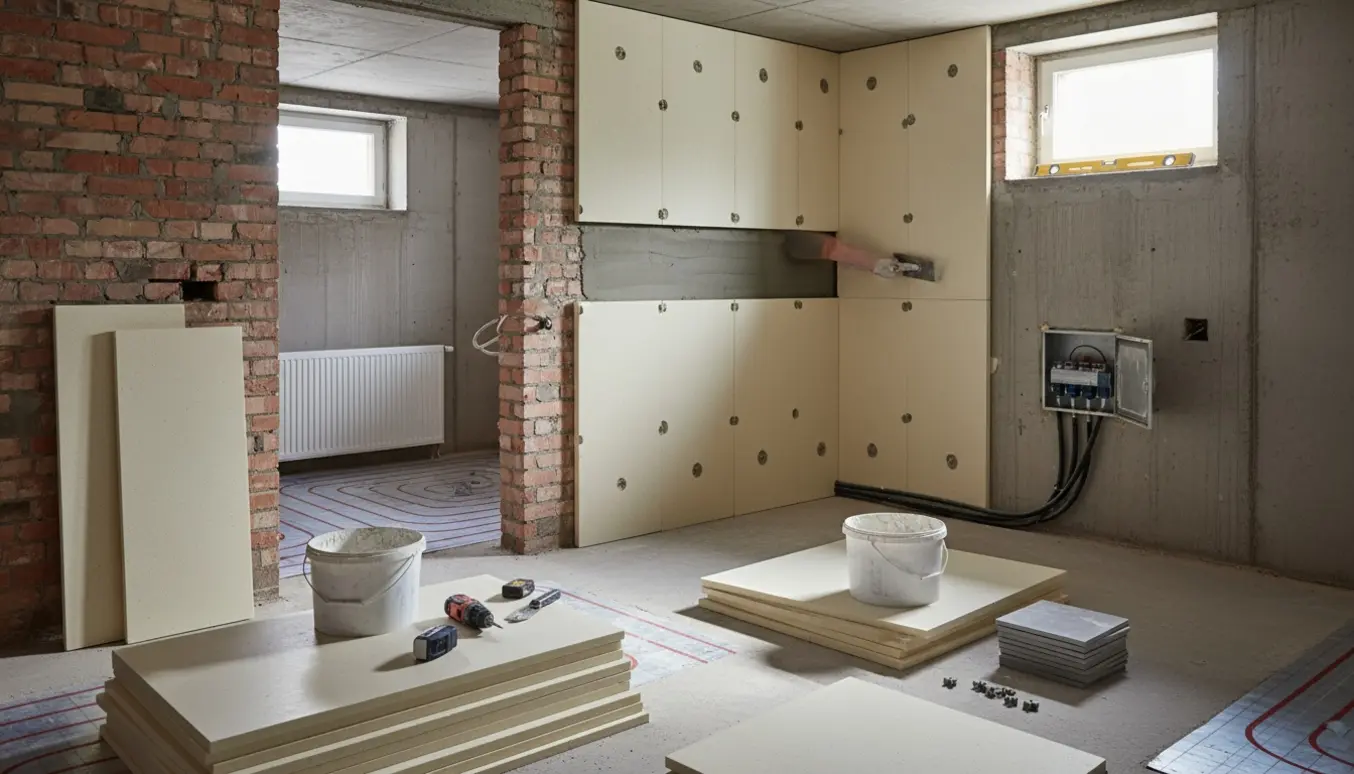 Kælder under renovering med opsatte Skamol-plader, pudsning, gulvvarme og klargjorte klinker.