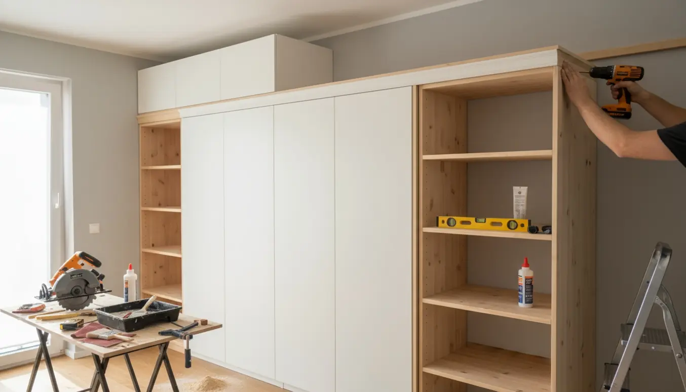 Tømrer ombygger et Ikea-garderobeskab til en indbygget løsning med hylder og topopbevaring.