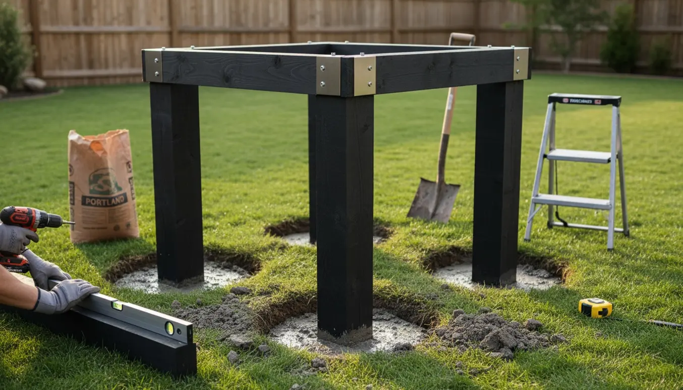 Sortmalet træpergola i haven med fire stolper støbt i våd cement og værktøj ved siden af.