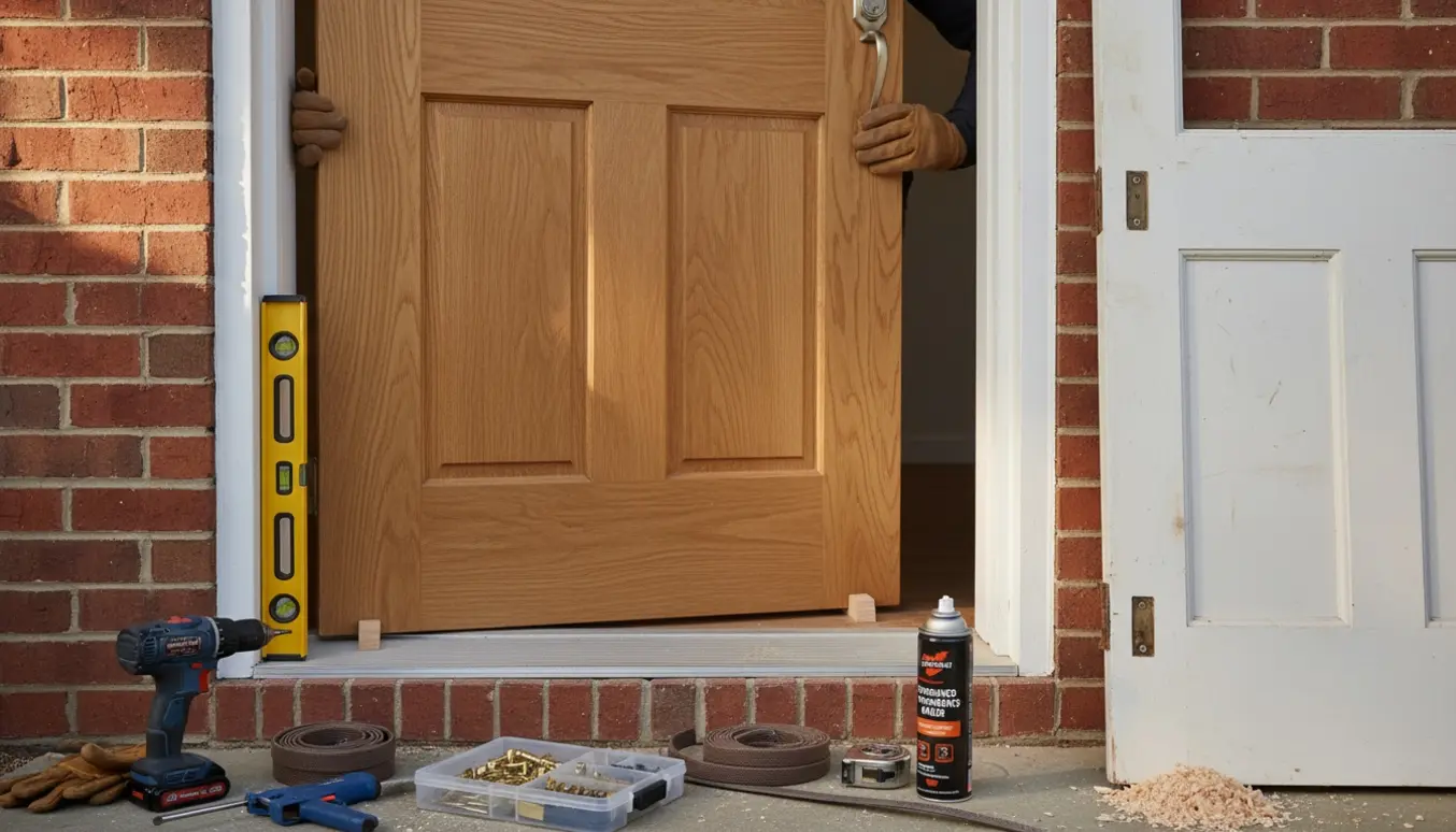 Ny yderdør monteres i karm på en solbelyst fortrappe med værktøj og materialer spredt omkring.