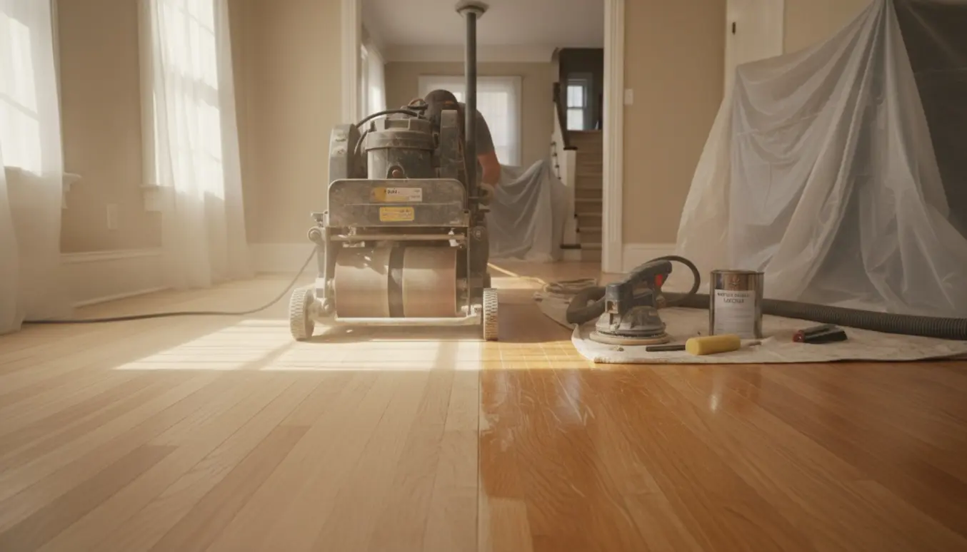 Halvslibet trægulv med slibemaskine, lakspand og beskyttede møbler i et rækkehus.