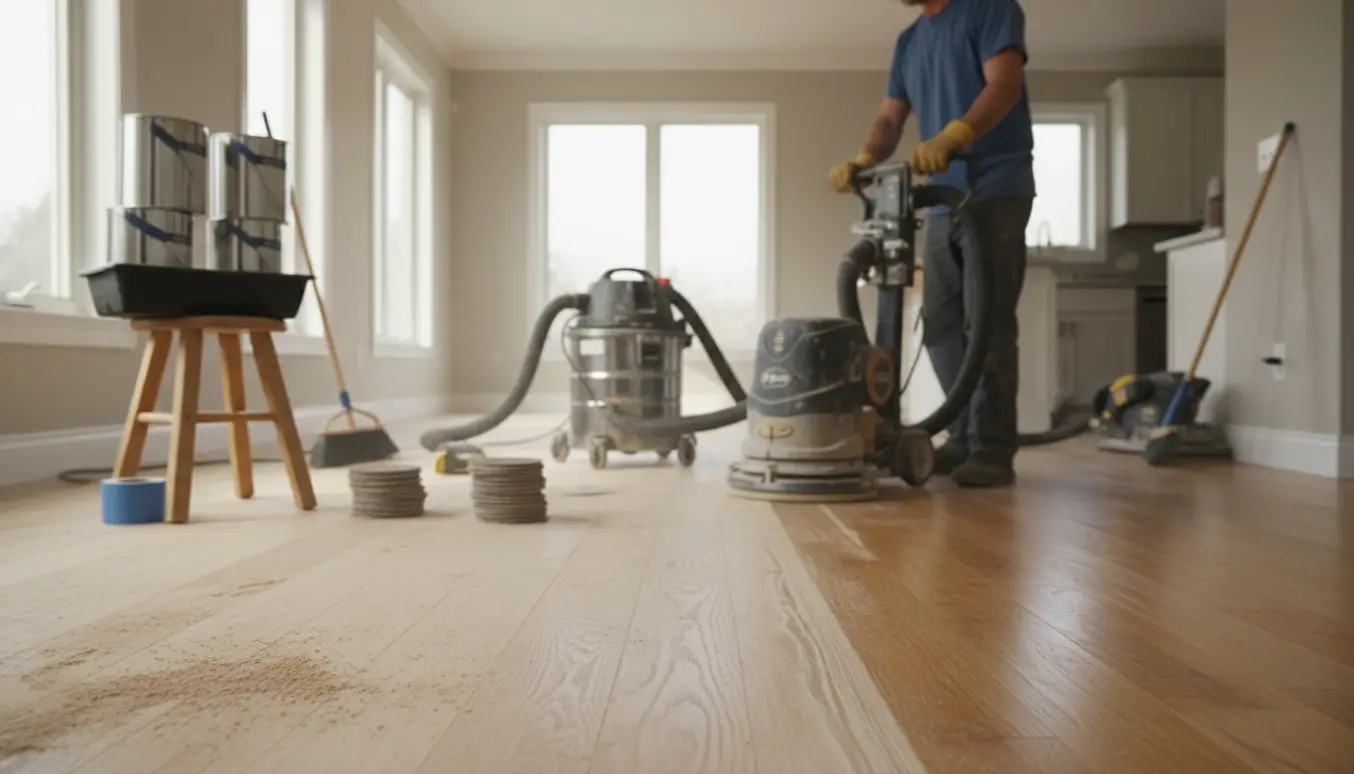 Åben stue og køkken med gulvslibning i gang og delvist slebet trægulv i naturligt lys.