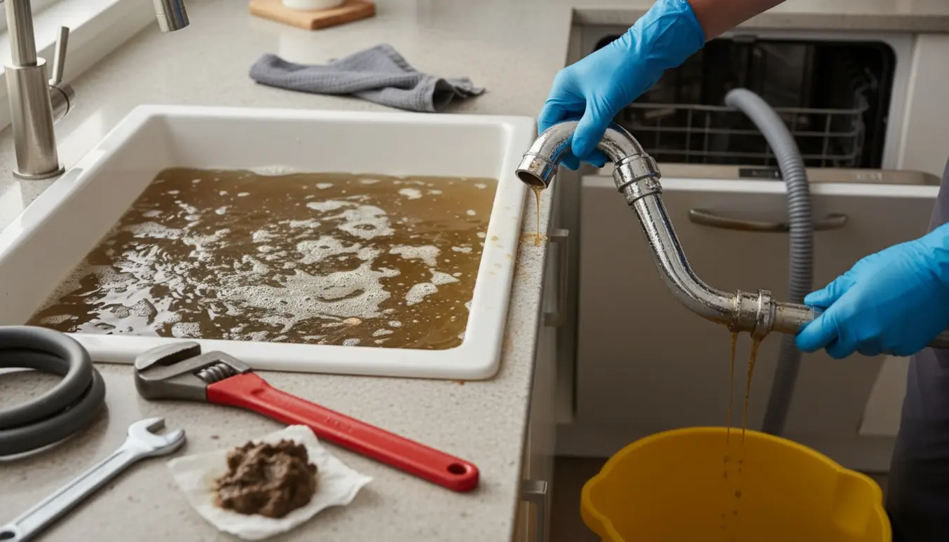Køkkenvask står med vand og sæbeskum mens handskeholdt P‑fælde fjernes over en spand ved hjælp af VVS‑værktøj.