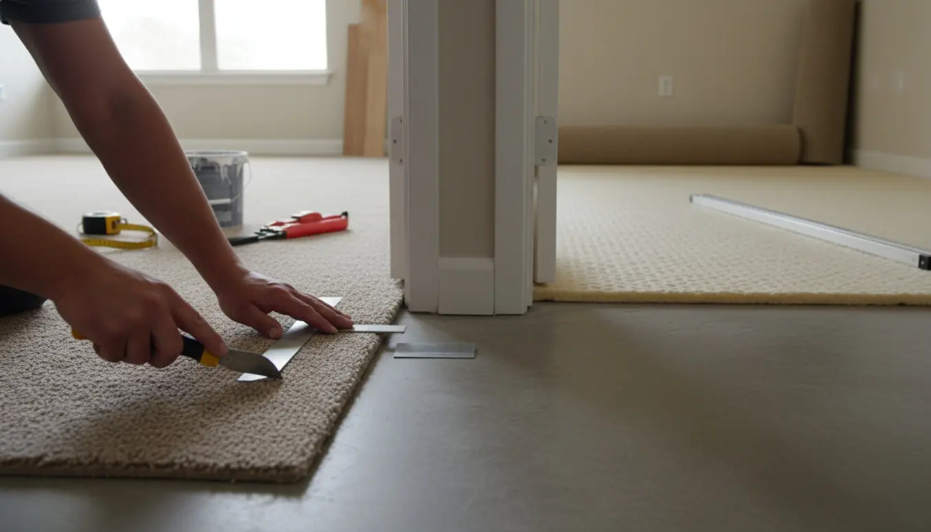 Installatør uden ansigt lægger væg-til-væg tæppe i to tilstødende værelser med værktøj og ruller klar.