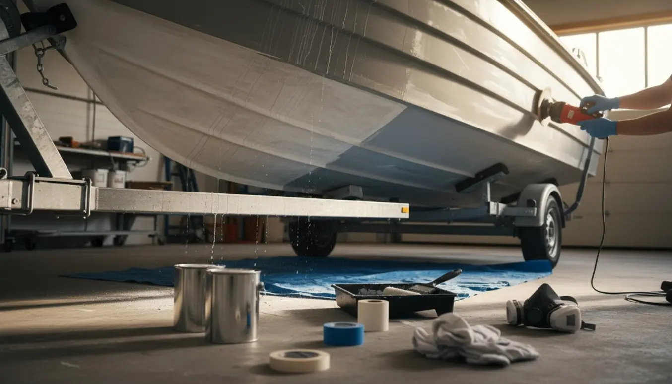 Bunden af en lille trailerbåd på trailer under let slibning og påføring af bundmaling med grunder og værktøj ved siden af.