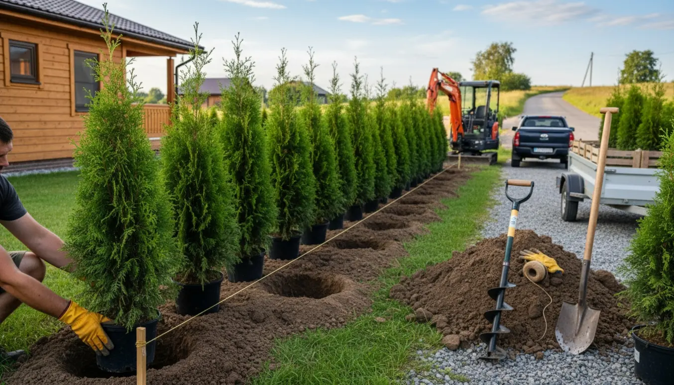 Række af 180 cm Thuja-hækplanter ved et sommerhus, klar til plantning med pælebor, skovl og minigraver i baggrunden.