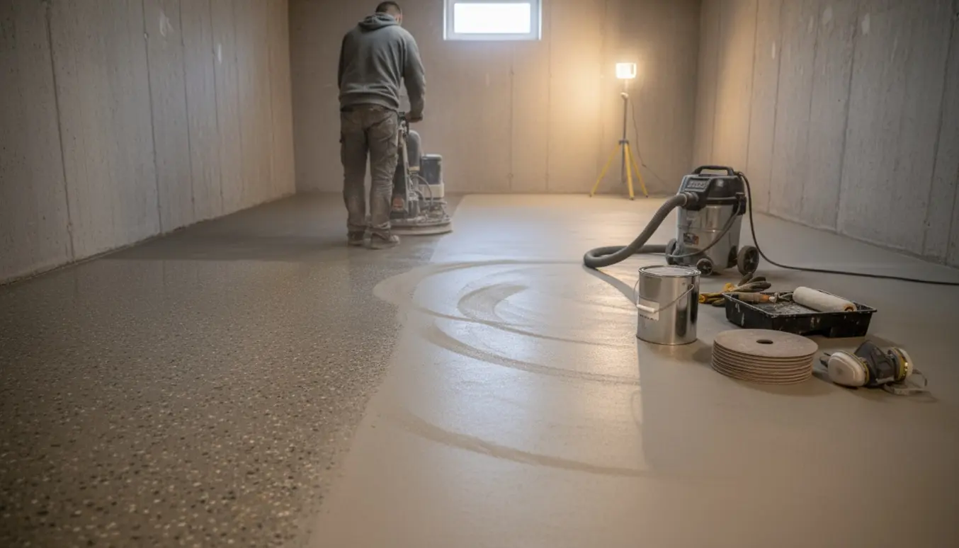 En gulvsliber arbejder i en kælder, med slibemærker på gulvet, industristøvsuger og åben lakdåse klar.