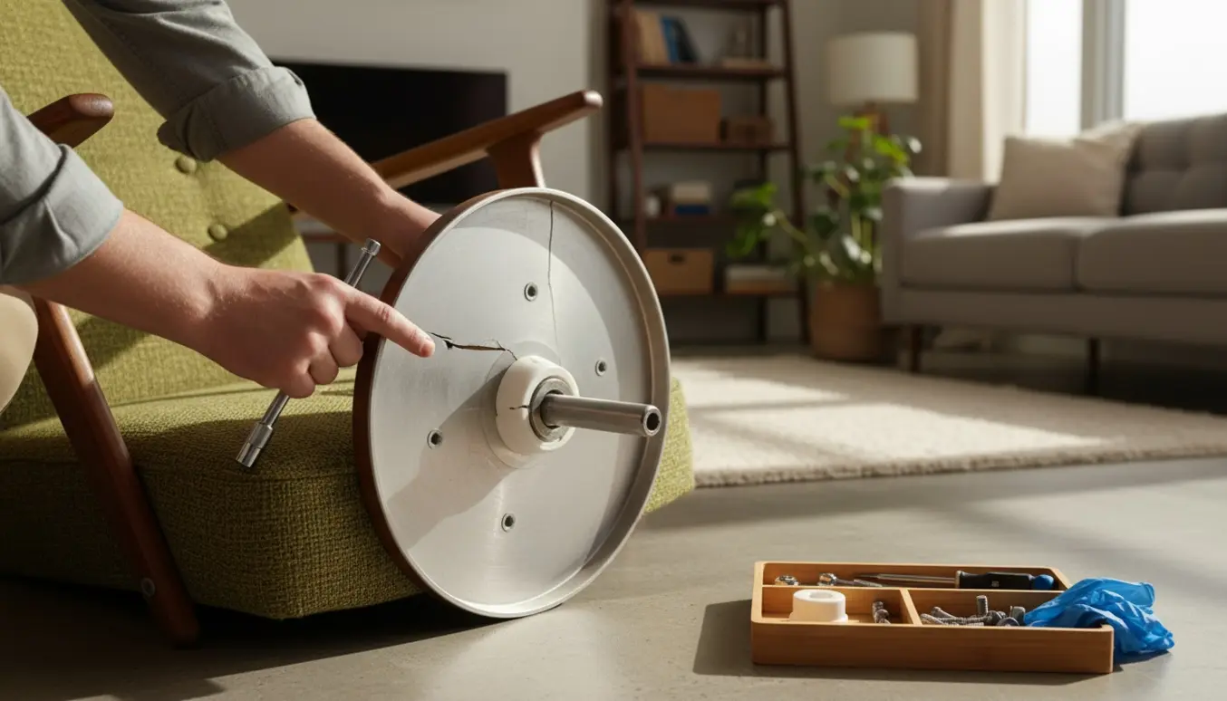 Lænestol lagt på siden med synlig beskadiget drejefod og hænder, der inspicerer en knækket bøsning ved hjælp af værktøj.