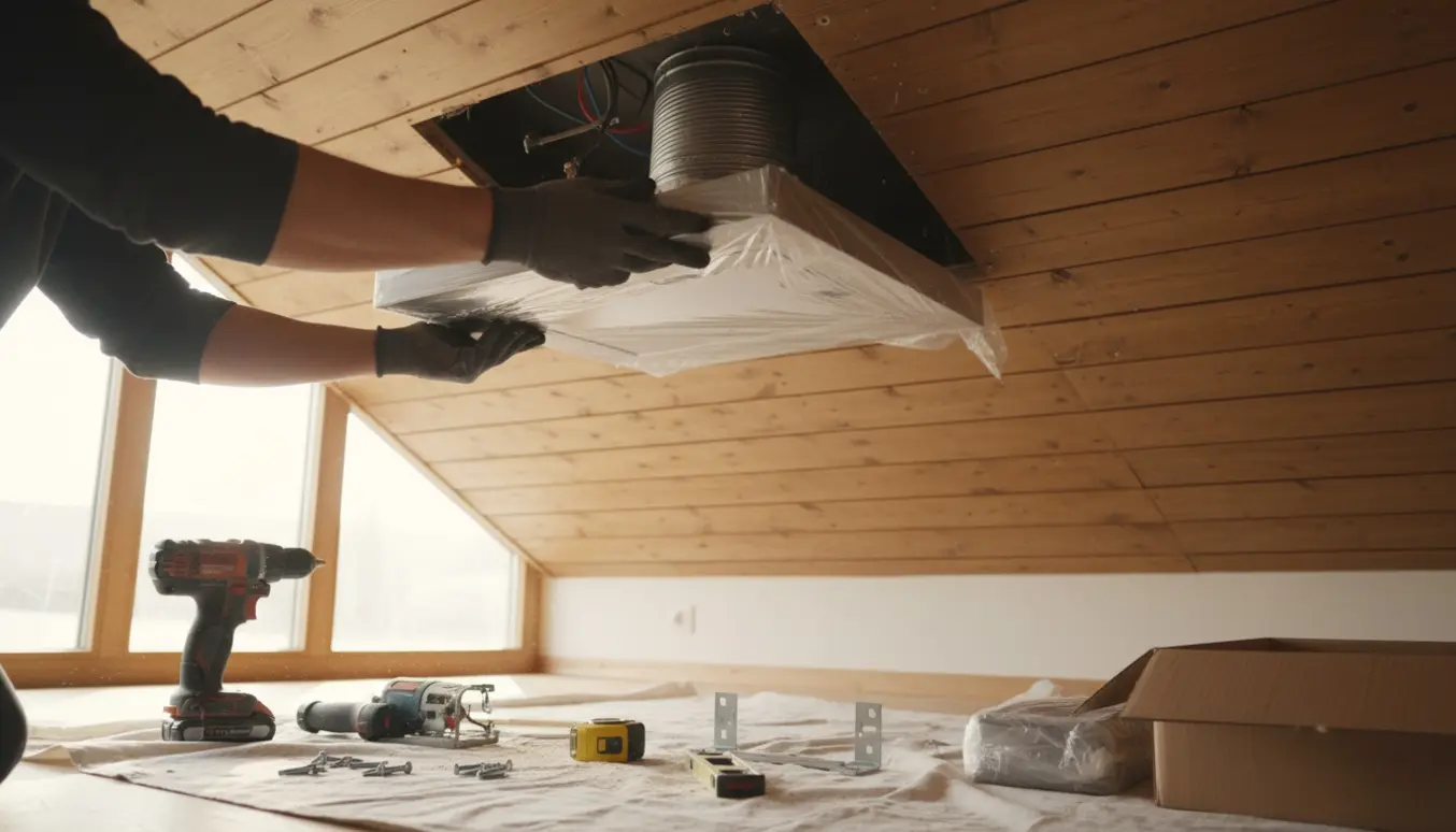 Indbygget emhætte sættes i et profilbræddeloft med synligt aftræksrør og værktøj på gulvet.