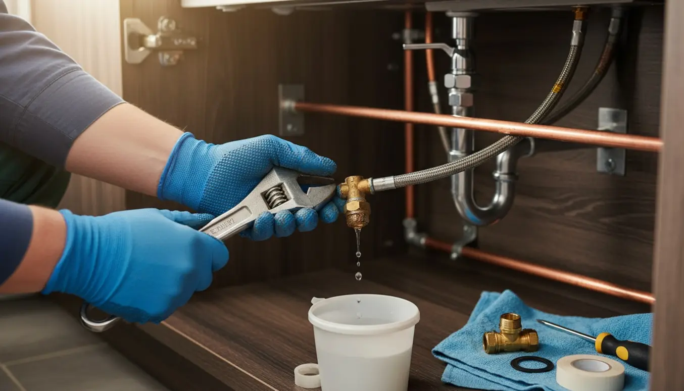 Nærbillede af udskiftning af en tilstoppet midterste ballofix til opvaskemaskinen under køkkenvasken med værktøj og ny pakning.