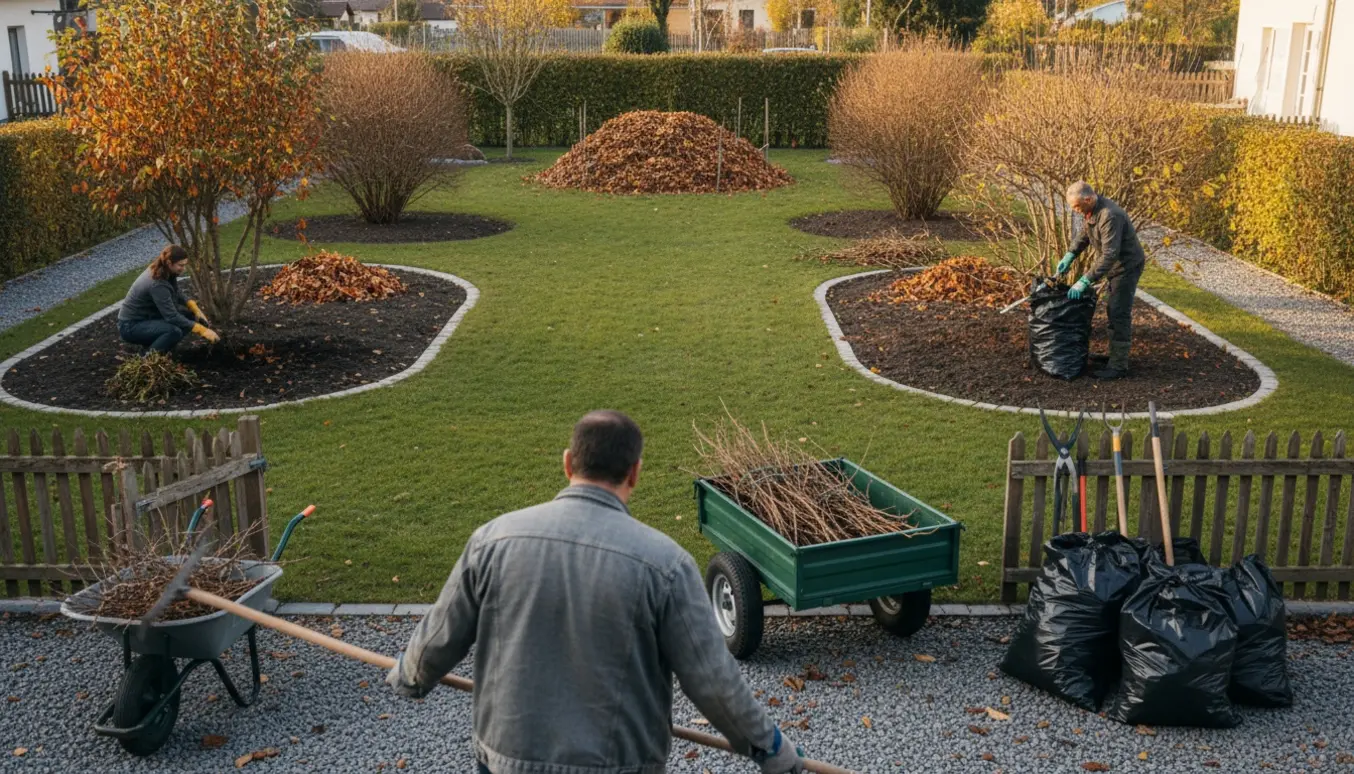 Villa-baghave under vinterklargøring med riveblade, lugning af bede, beskæring af buske og trailer i baggrunden.