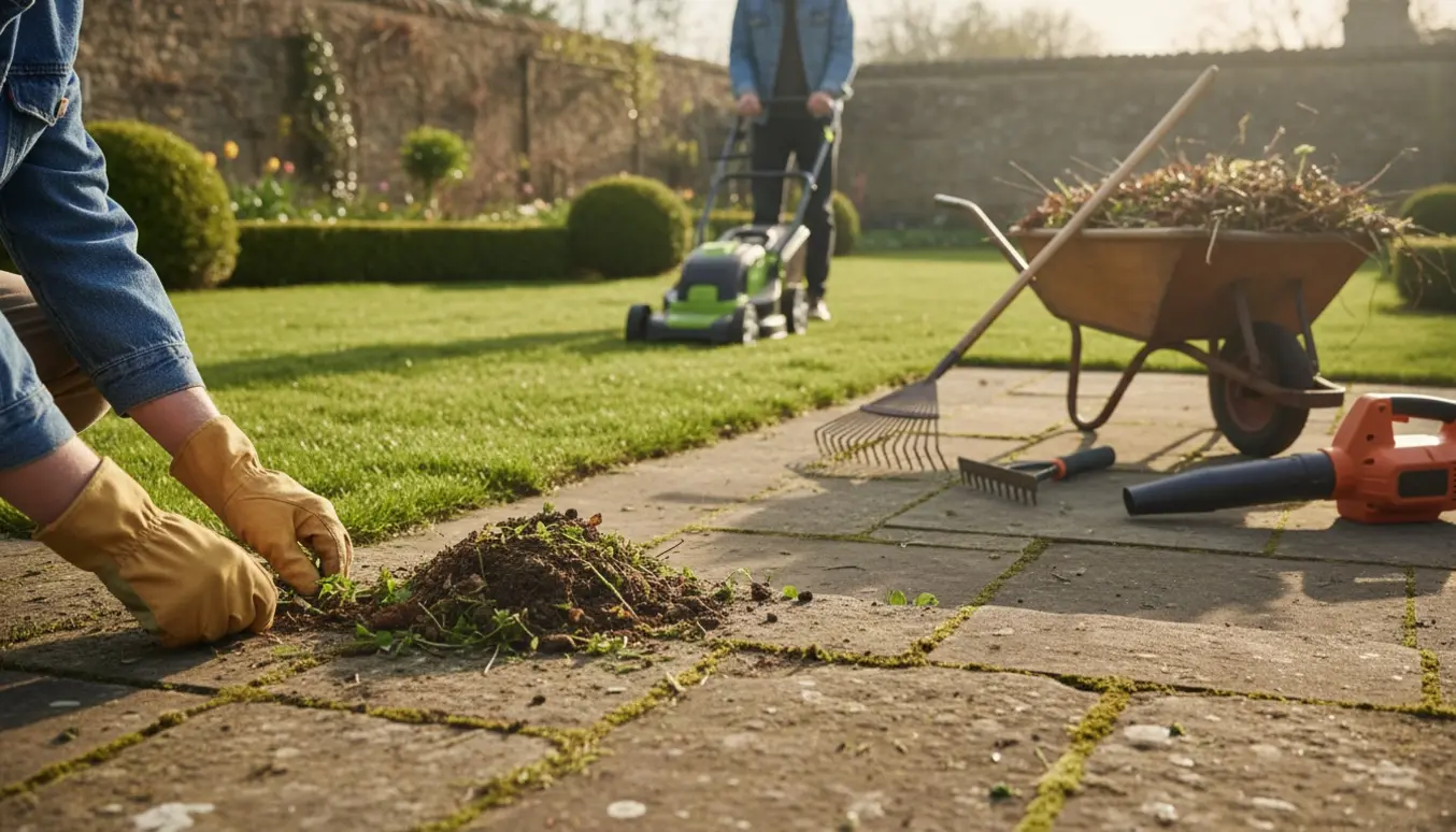 Hånd fjerner ukrudt mellem fliser i en nyslået have med haveredskaber i baggrunden.