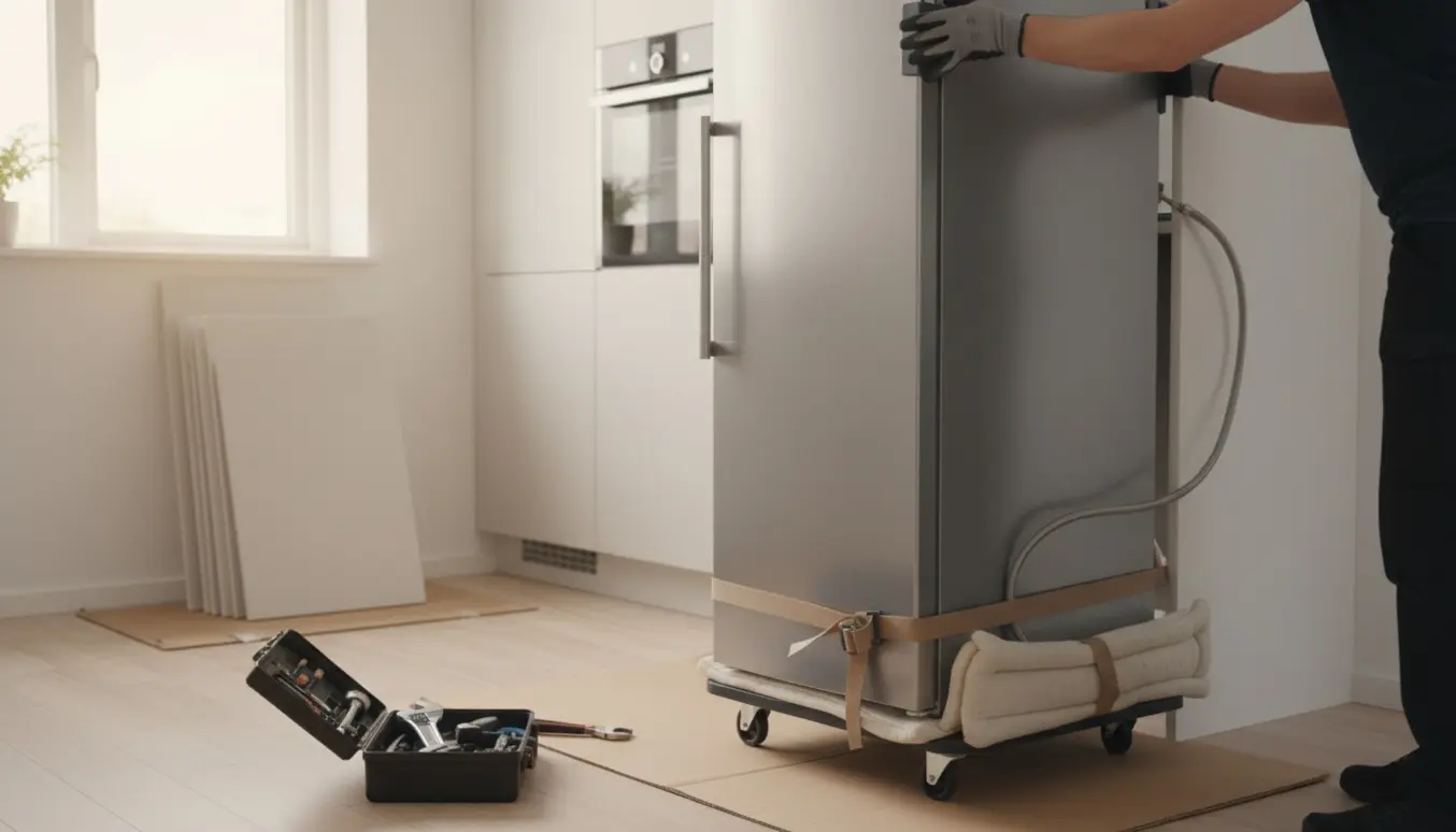 Et rustfrit stål-køleskab trækkes ud af et moderne køkken med beskyttelsestæpper, flyttevogn og løse køkkendøre i baggrunden.