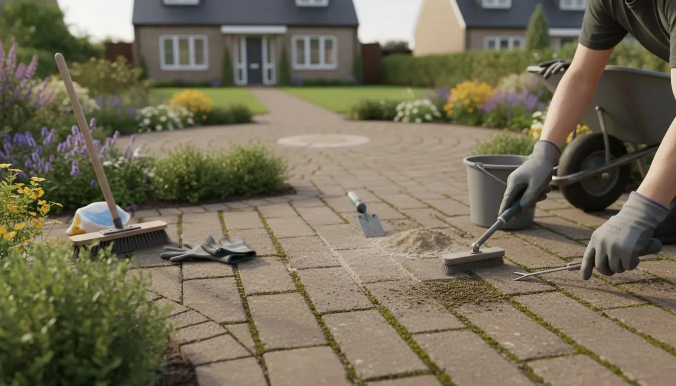 Nærbillede af hænder, der renser fuger mellem fliser i have og på gangsti foran hus.
